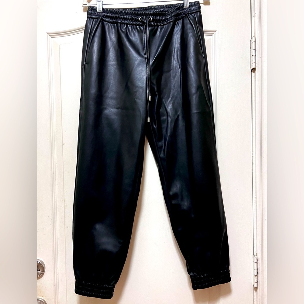 Banana Republic Vegan Leather Joggers, Black, size small.